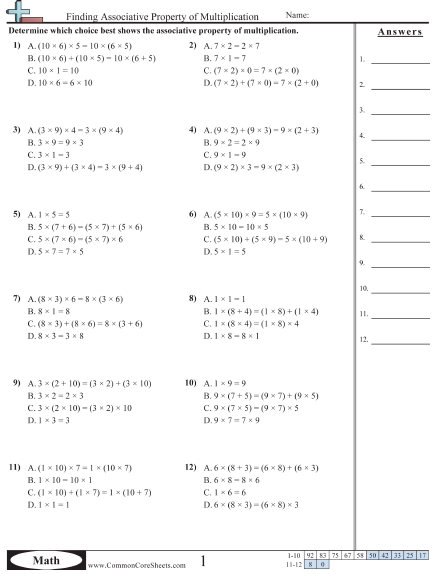 3.oa.5 Worksheets - Associative Property - Multiple Choice worksheet